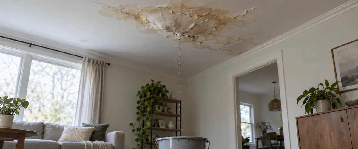 A brown water stain and bubbling paint on a living room ceiling, dripping into a bucket on the floor