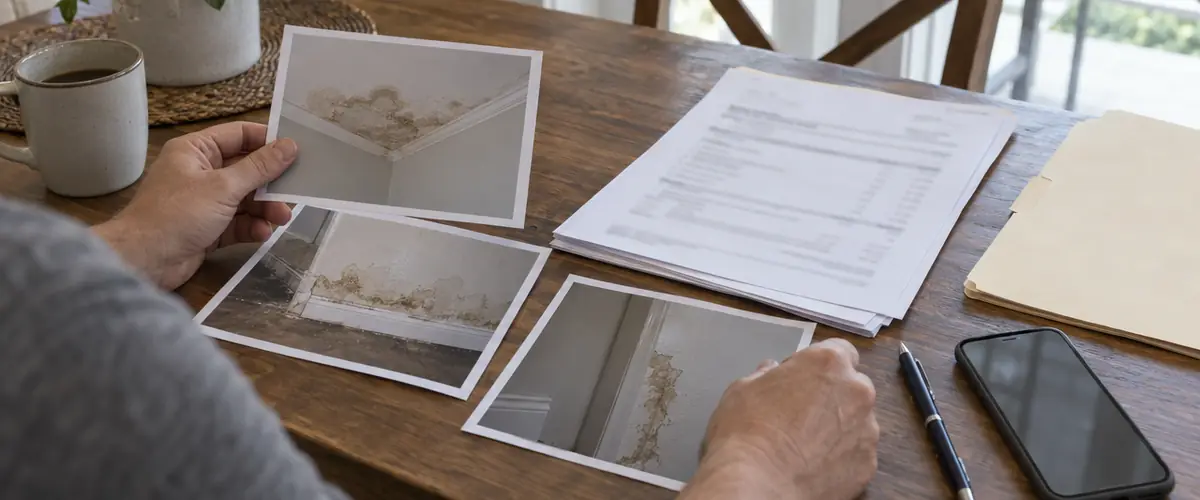 A homeowner at a kitchen table with printed photos of water-damaged walls, a repair estimate and a phone