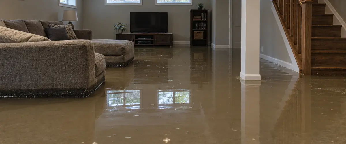 A finished basement with a few inches of water around the sofa and the foot of the stairs