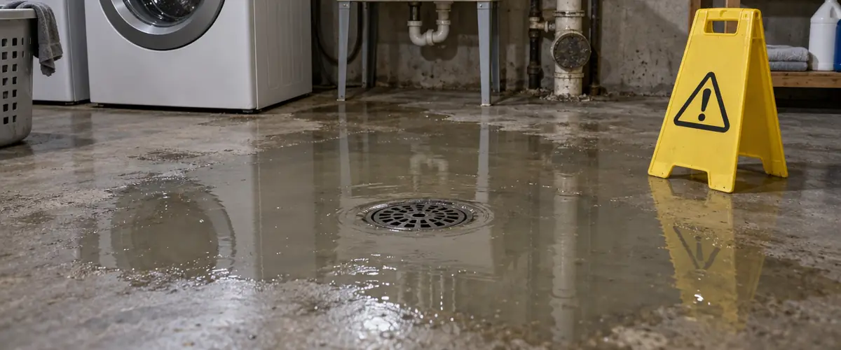 Murky water pooled around a floor drain in an unfinished basement laundry area, with a caution sign
