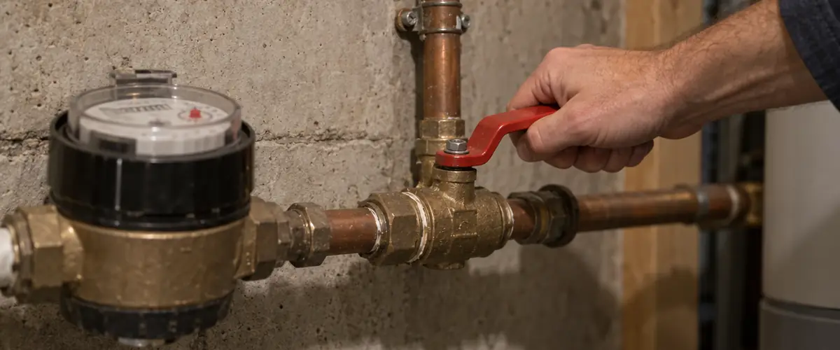 A hand turning the red lever of a main water shut-off valve next to the water meter