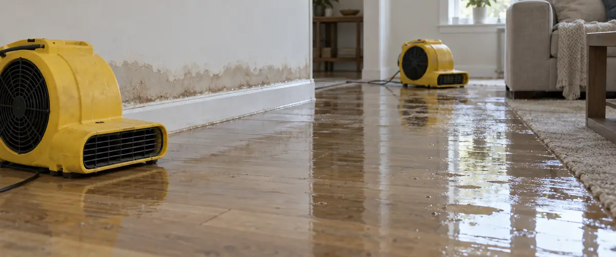 Two yellow air movers drying a wet wood floor along a water-stained wall